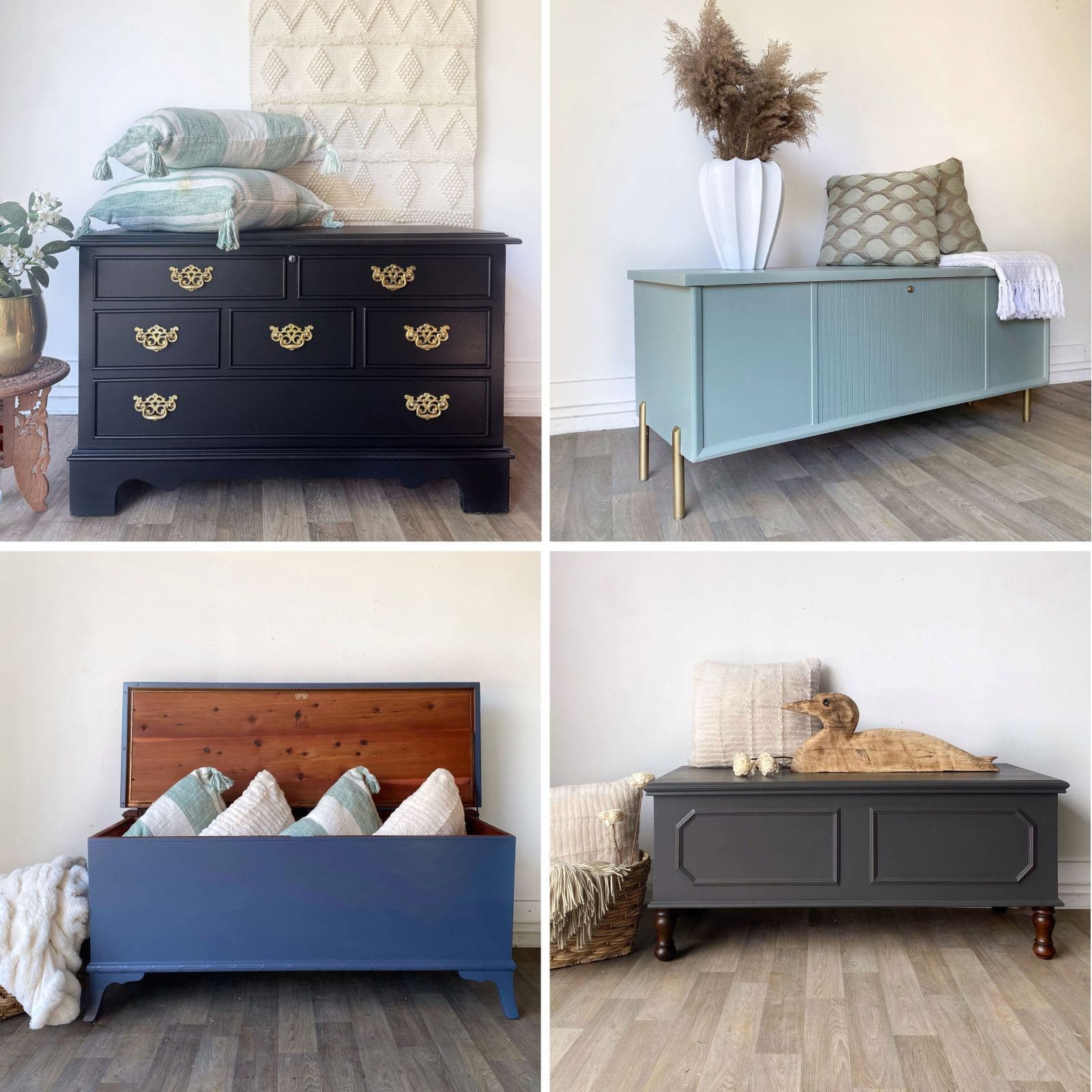 Collage of four painted cedar chests.