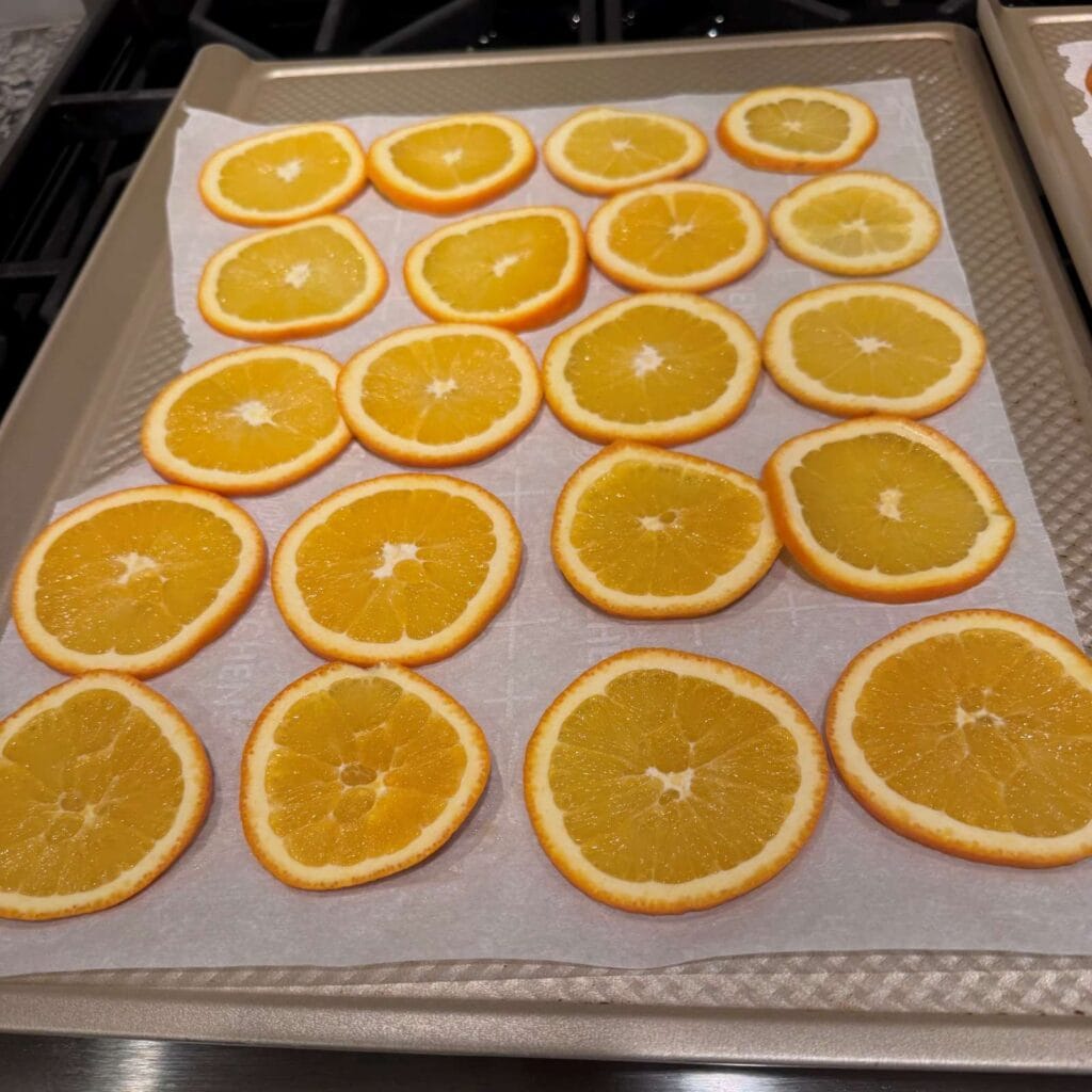 Oranges sliced and ready for drying.