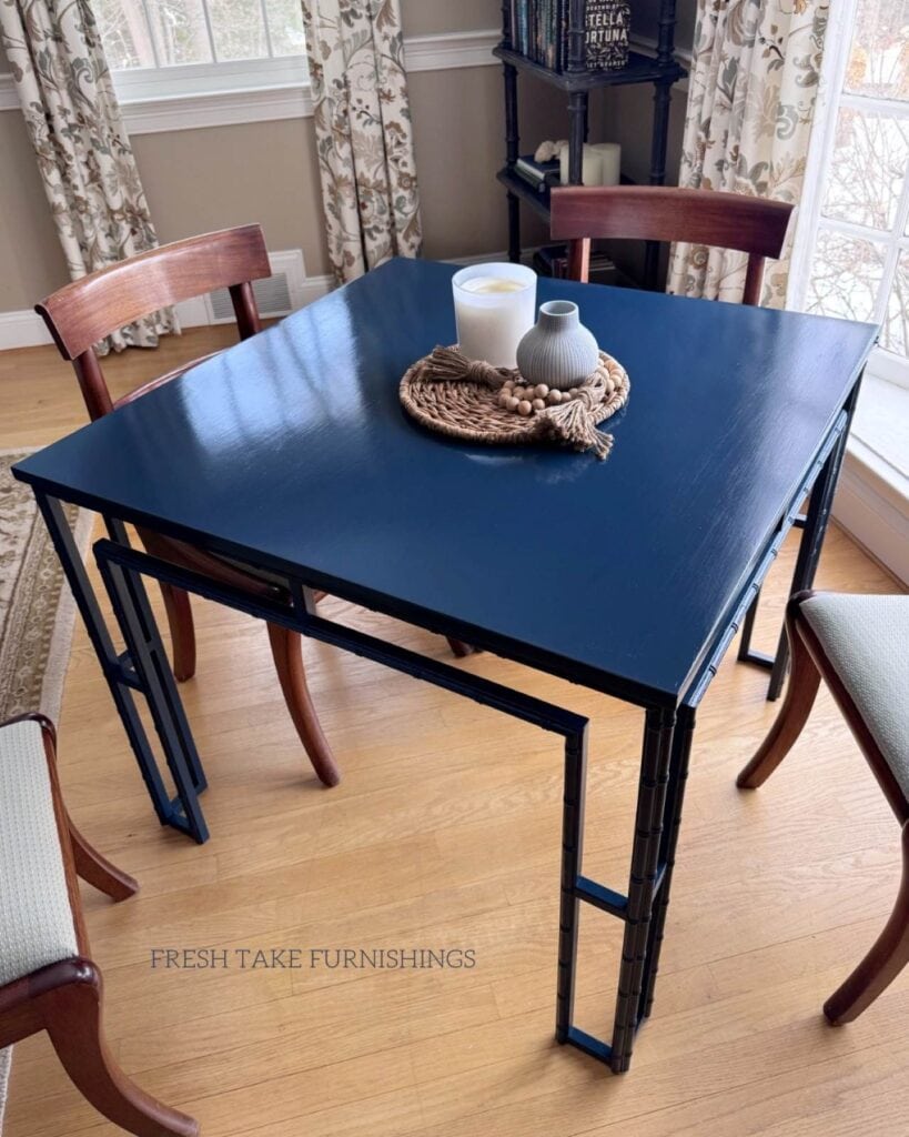 After photo of Majhong table makeover, painted blue with a glossy finish.