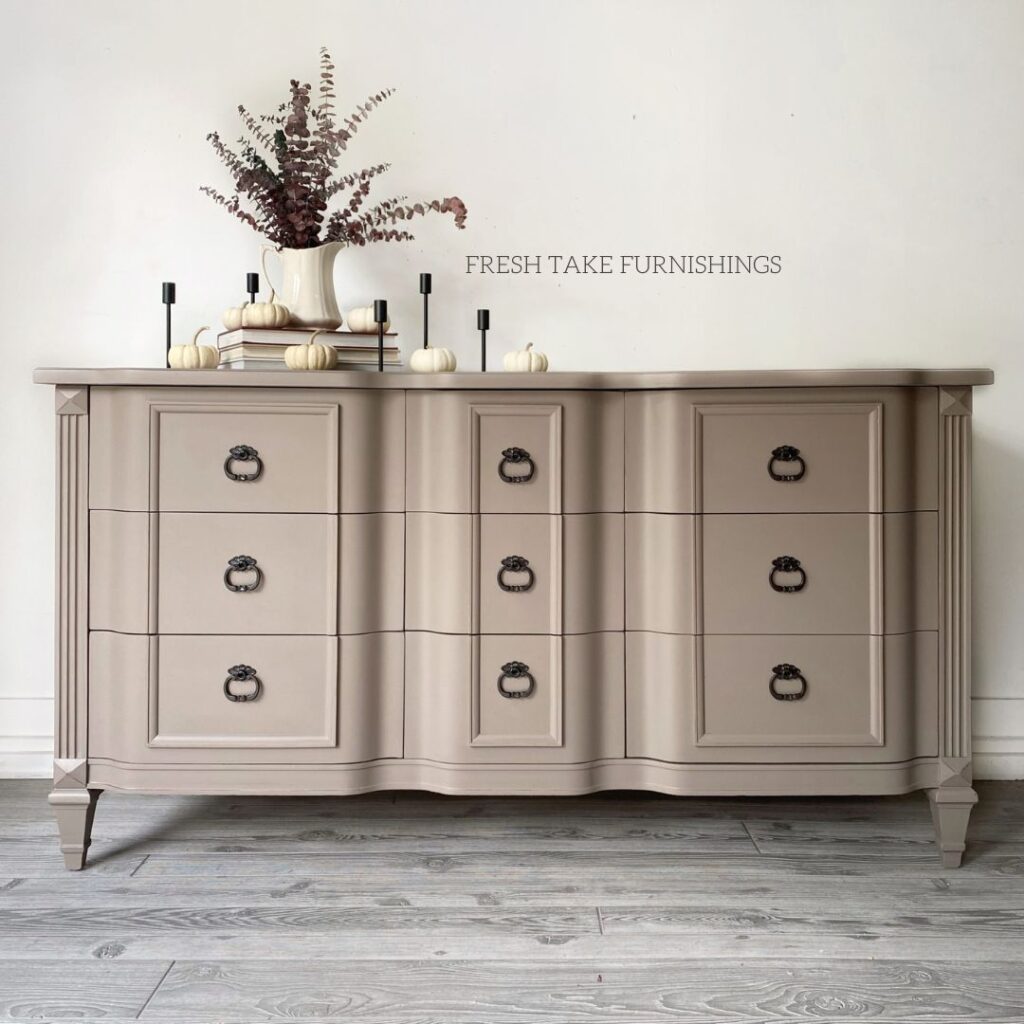 After photo of Kent Coffey dresser painted in a light brown color.
