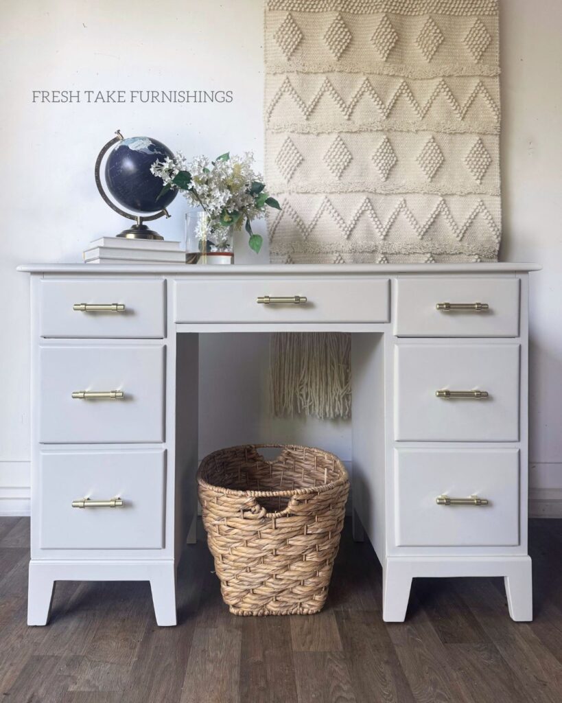 After photo of maple desk painted off white.