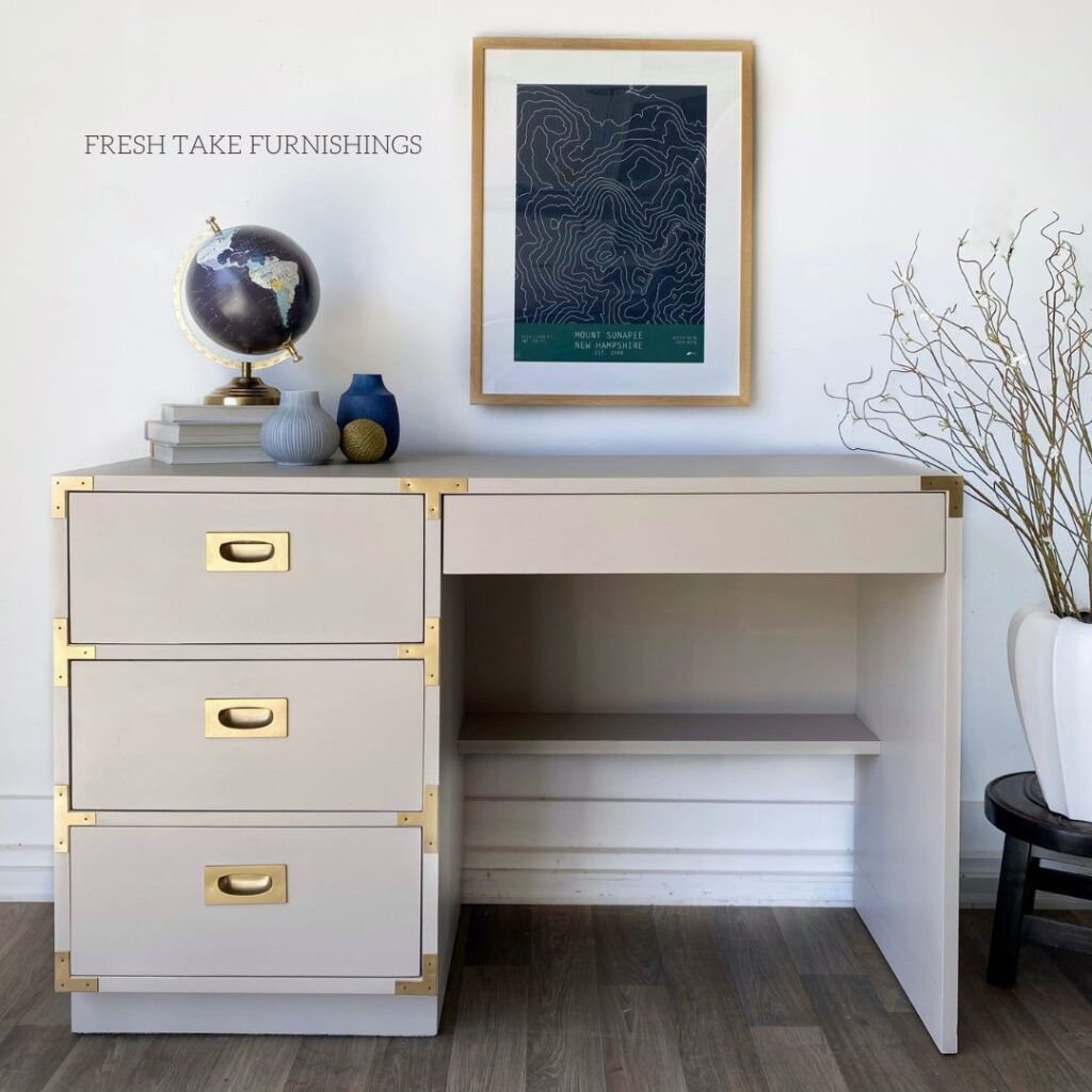 After photo of Campaign style desk painted taupe.
