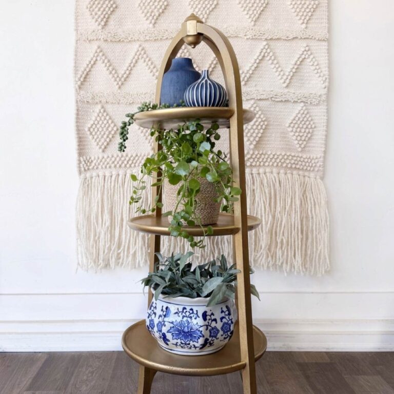 After photo of metallic spray painted plant stand.