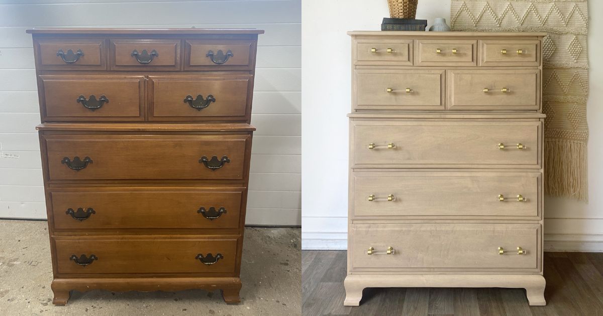 The before and after of a tall boy vintage maple dresser that has been paint washed in a light wood finish.
