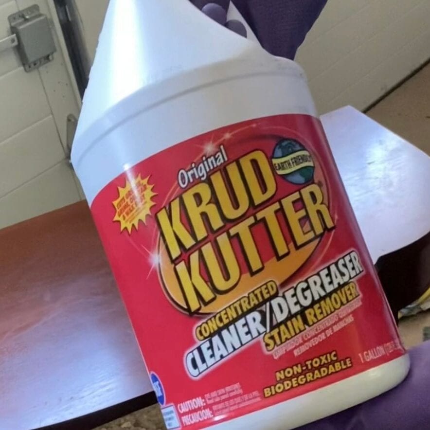 CLoseup of a large bottle of Krud Kutter cleaner.